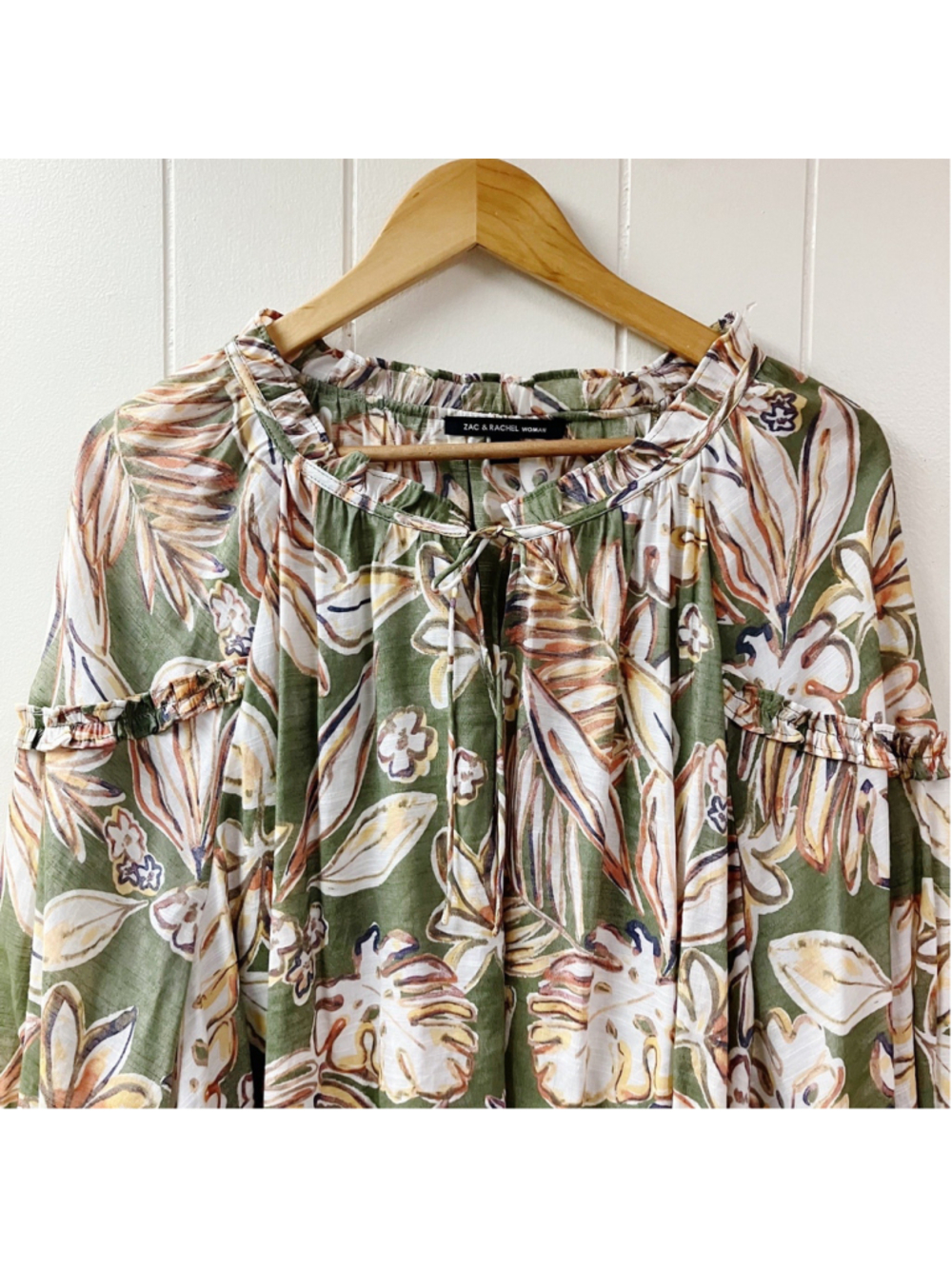 Fall Transition Autumn Leaf Peasant Tunic Blouse Plus SZ 3X Green Boho Ruffled - Picture 3 of 8